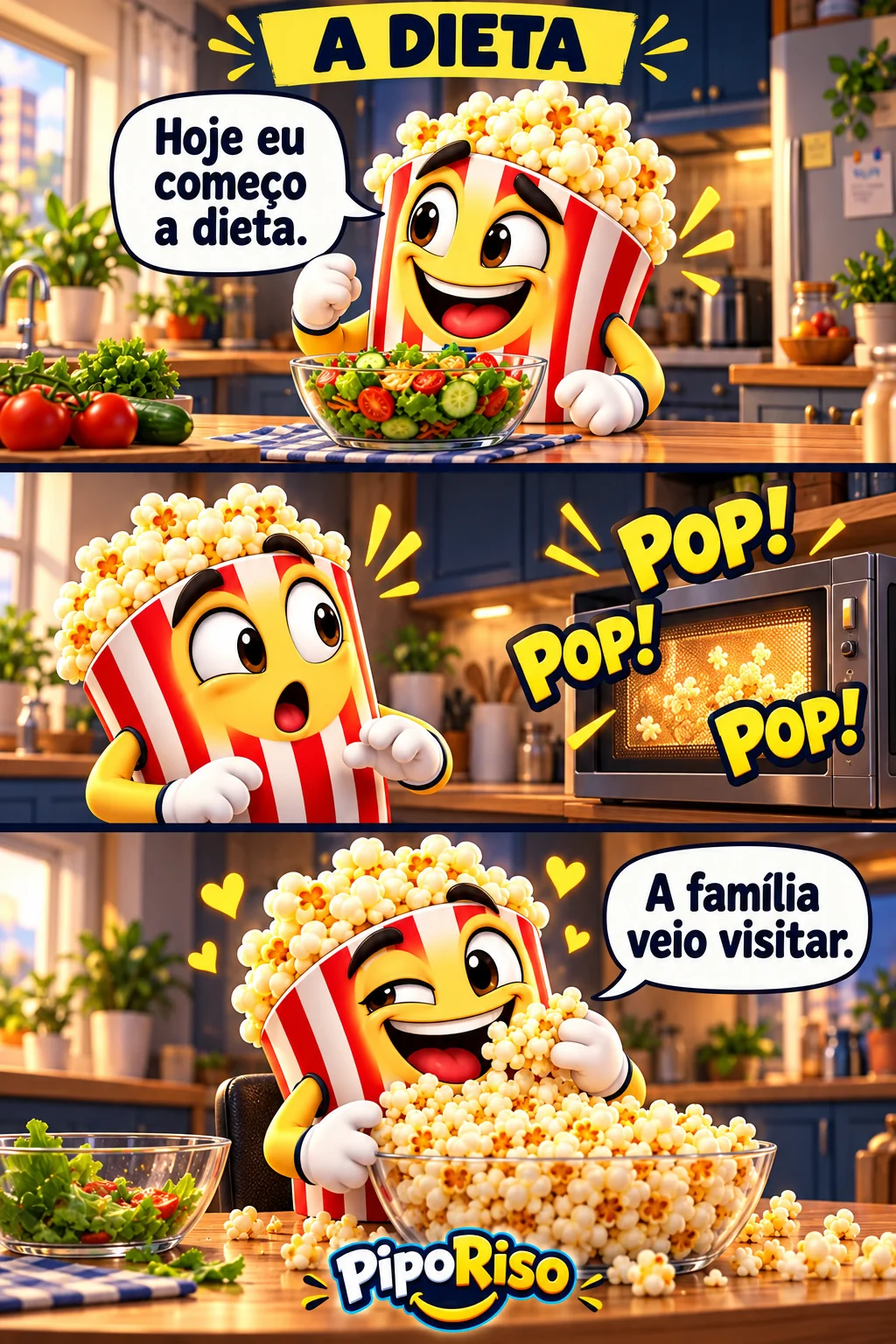 Tirinha em três quadros. PipoRiso começa a dieta com uma salada, ouve o micro-ondas e troca a refeição por pipoca, dizendo que a família veio visitar.