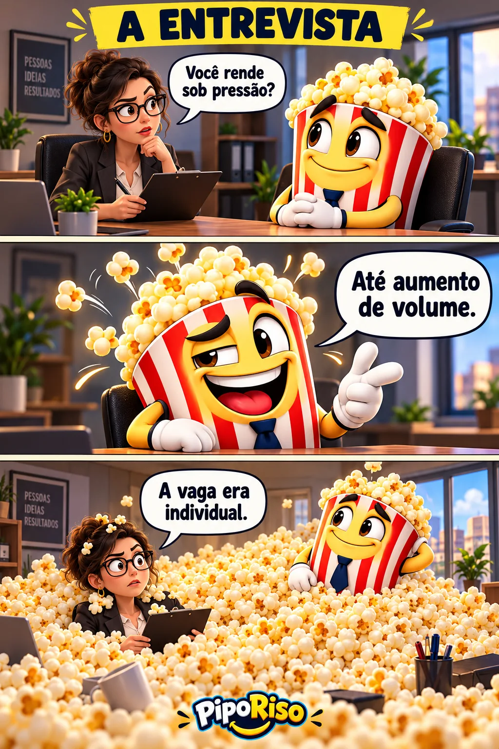Tirinha em três quadros. PipoRiso afirma que rende sob pressão e acaba enchendo a sala de entrevista de pipoca.