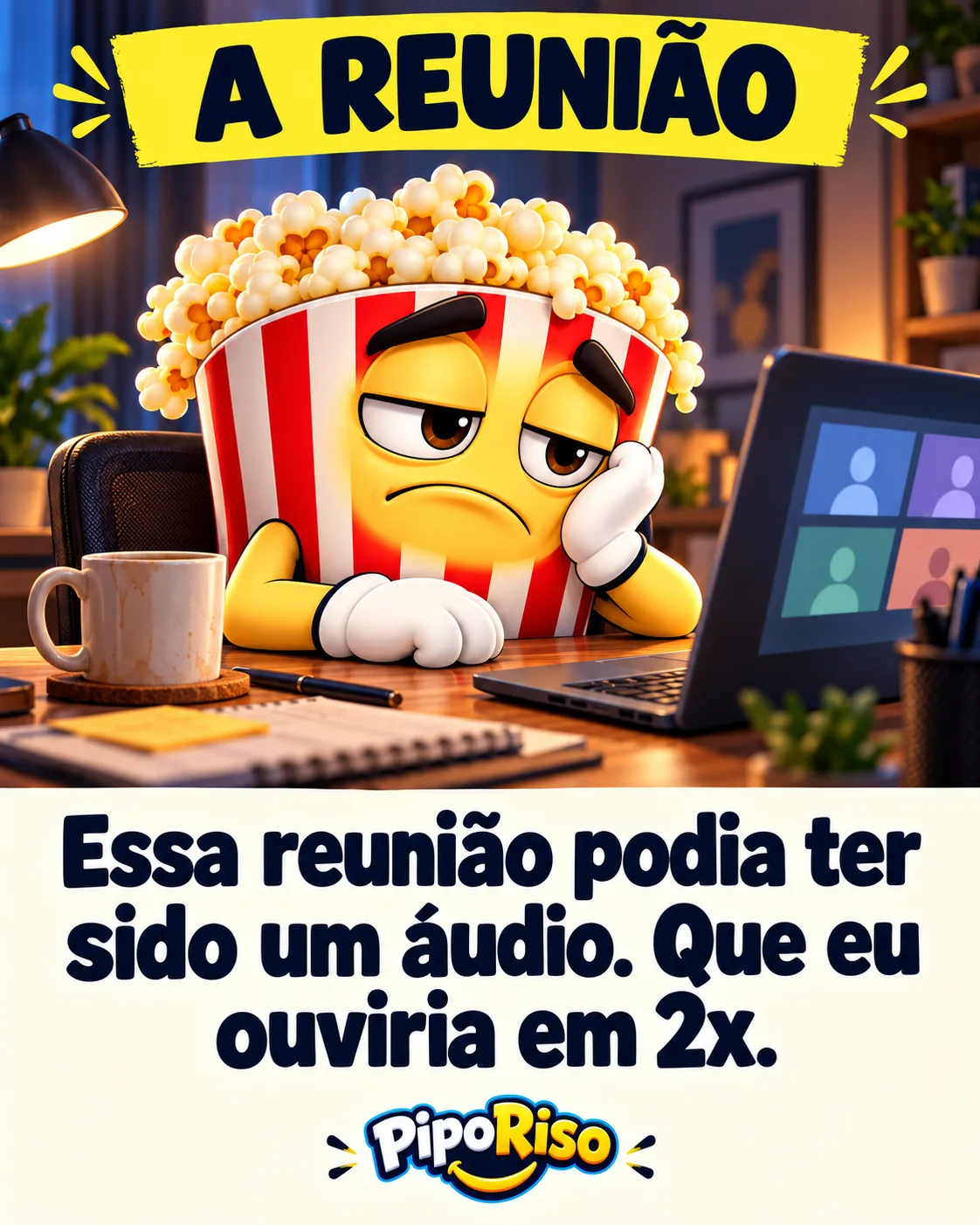 PipoRiso cansado diante de uma videochamada. Texto: “Essa reunião podia ter sido um áudio. Que eu ouviria em 2x.”