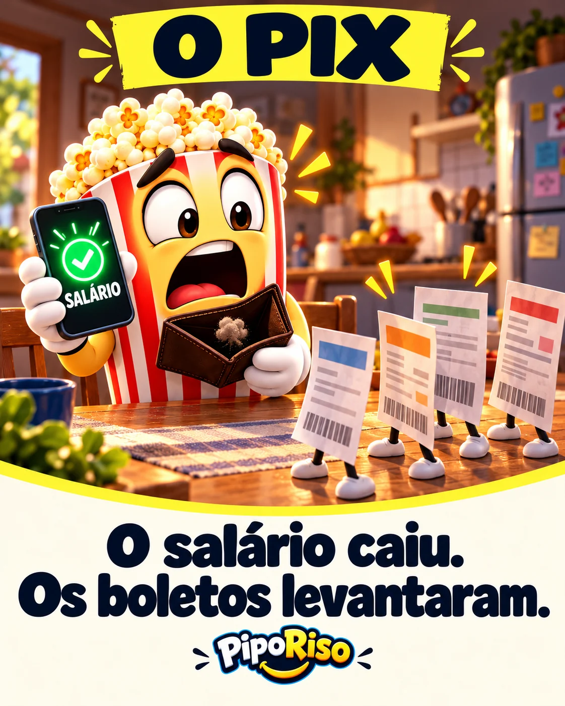 PipoRiso mostra o salário recebido no celular enquanto boletos com perninhas formam uma fila à sua frente. Texto: “O salário caiu. Os boletos levantaram.”