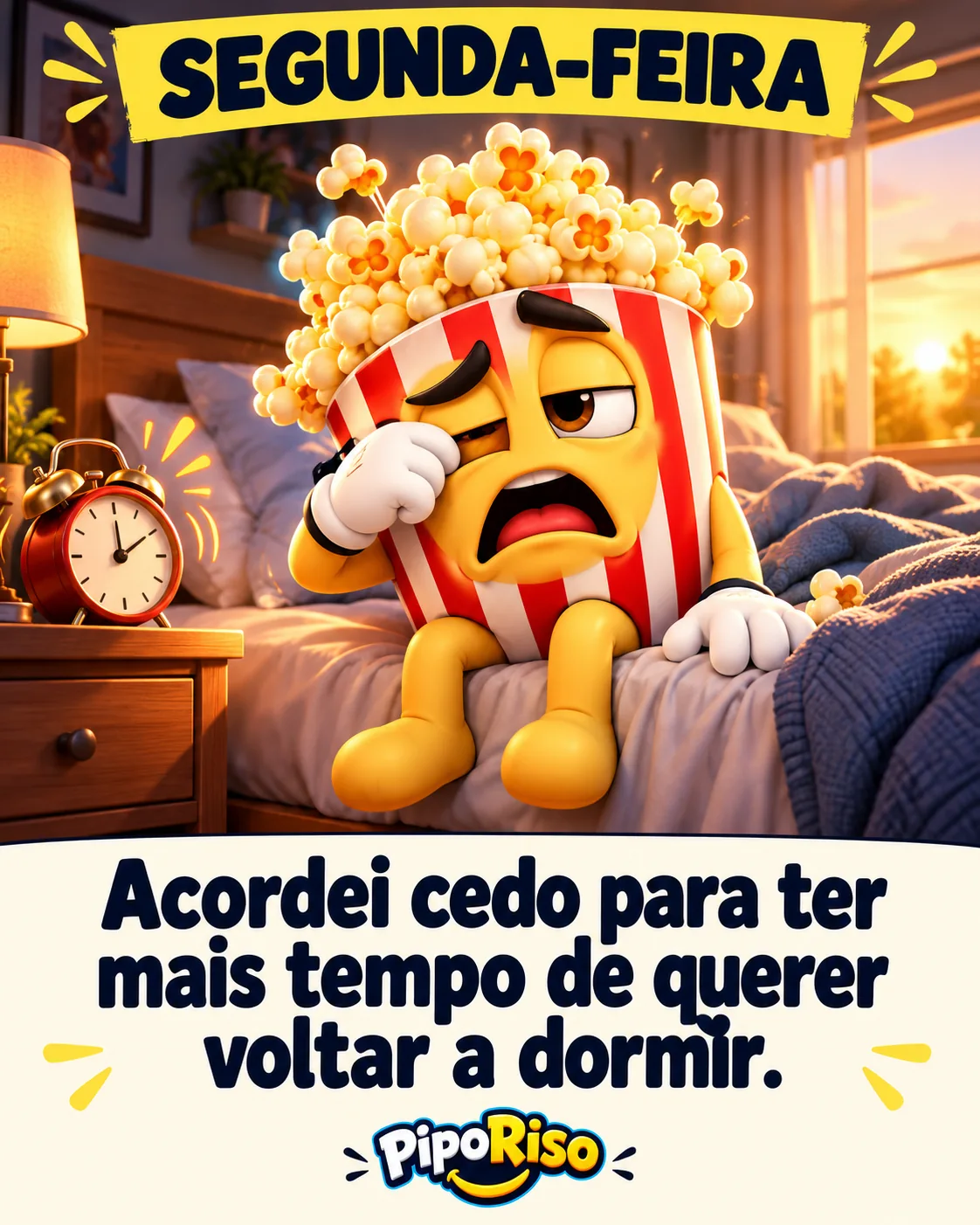 PipoRiso sonolento na cama, ao lado do despertador. Texto: “Acordei cedo para ter mais tempo de querer voltar a dormir.”