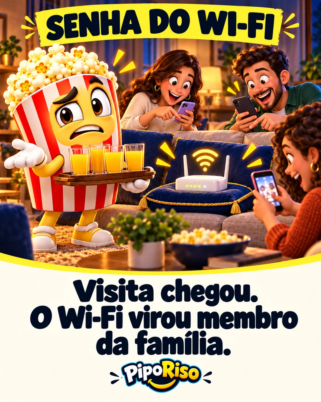 PipoRiso segura uma bandeja de sucos enquanto suas visitas só prestam atenção no celular e no roteador. Texto: “Visita chegou. O Wi-Fi virou membro da família.”