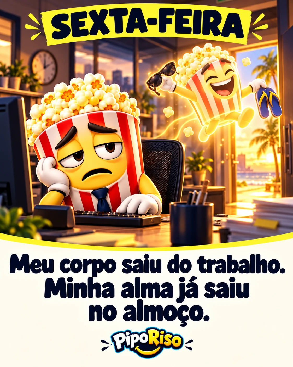 PipoRiso continua cansado diante do computador enquanto sua alma corre feliz em direção ao fim de semana. Texto: “Meu corpo saiu do trabalho. Minha alma já saiu no almoço.”